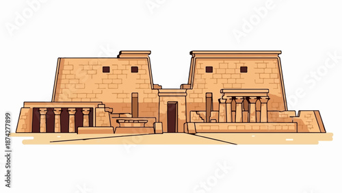 Stylized illustration of an ancient Egyptian temple complex with columns and hieroglyphs