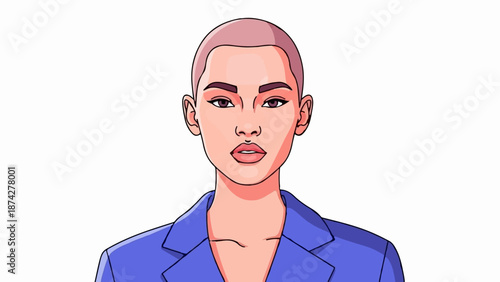 Stylized portrait of a confident, short-haired individual wearing a sharp blue blazer, isolated on white