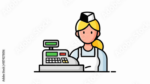 Stylized illustration of a cashier with a cash register