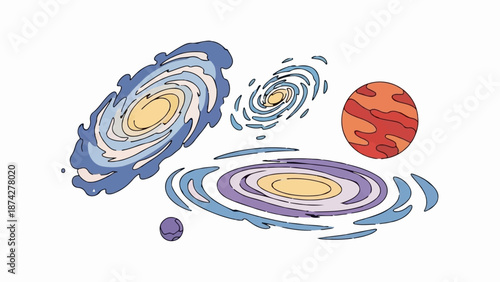 Stylized galaxies and planets in pastel and primary colors against a white background