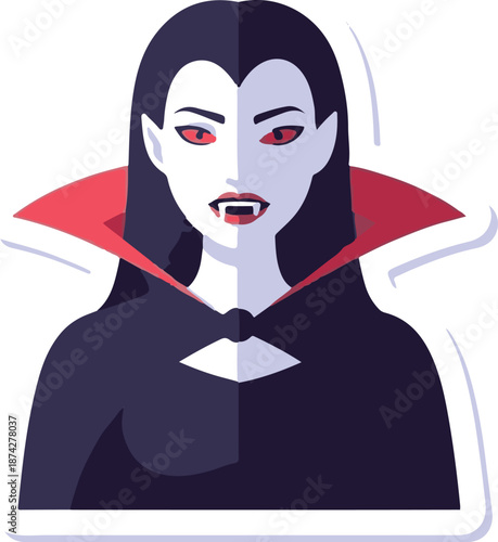 Stylized portrait of a female vampire with red eyes and fangs