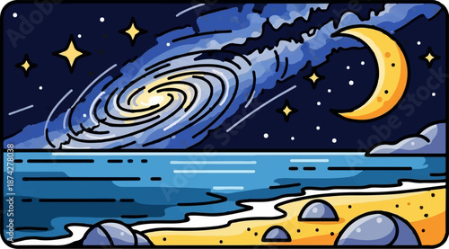 Stylized galaxy, crescent moon, and starry night sky over ocean and beach