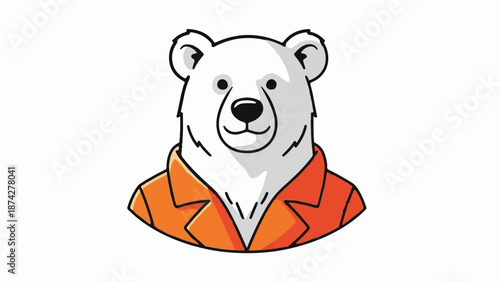 Stylized portrait of a friendly polar bear wearing a sharp orange suit jacket
