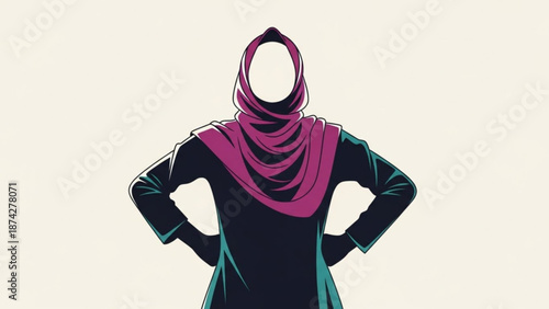 Woman in hijab with hands on hips confident pose vector illustration representing strength and empowerment isolated on light background