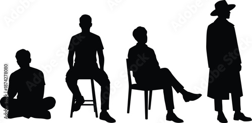 Minimalist human silhouettes showing diverse sitting and standing poses, modern lifestyle concept illustration isolated on white background for creative design
