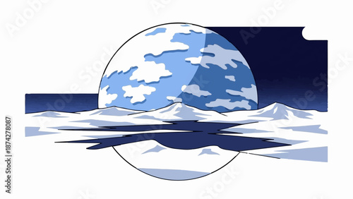 Stylized frigid landscape under a colossal, cloud-streaked planet