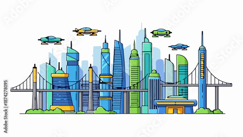 Stylized futuristic cityscape with sleek skyscrapers and flying vehicles