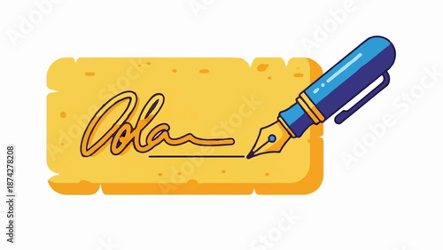 Stylized fountain pen signing a document with ornate handwriting on parchment