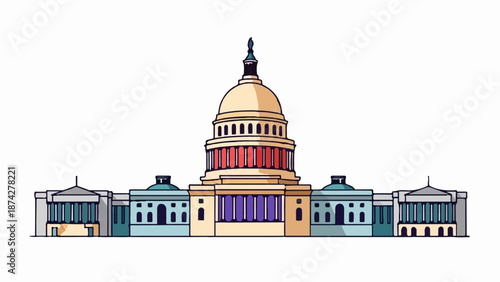 Stylized illustration of a domed government building with symmetrical wings and columns