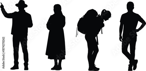 People lifestyle silhouettes set, standing men women poses, traveler backpacker characters, black isolated human figures illustration