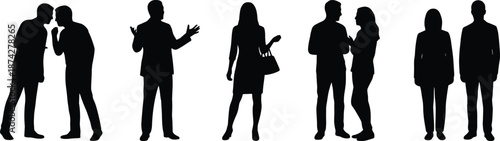 People communication silhouettes set, men women talking discussion poses, social interaction figures, black isolated human illustration