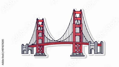 Stylized illustration of a famous suspension bridge with red towers and gray supports