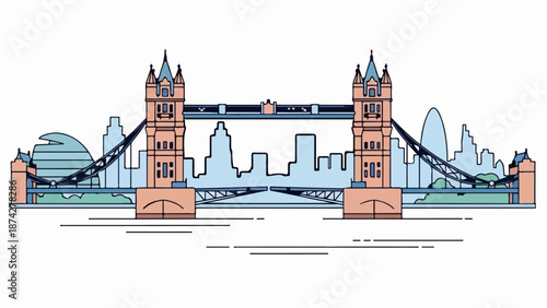 Stylized illustration of a famous bridge and city skyline