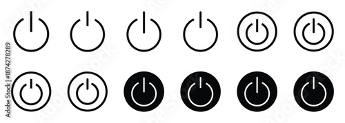 Set of modern power button icons with colorful and black and white minimalist styles.