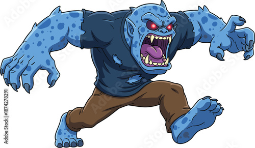 Angry blue monster character, fierce fantasy creature illustration, scary cartoon beast, aggressive running pose, horror game mascot design vector
