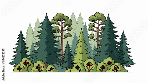Stylized forest scene with various coniferous trees and berry bushes