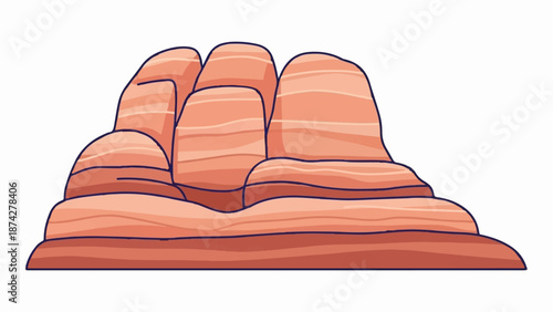 Stylized layered rock formation with pink and orange tones, outlined in dark blue