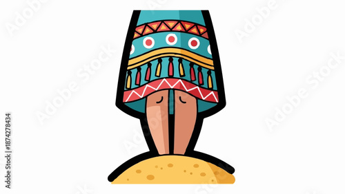 Stylized legs in patterned garment stand on sandy mound