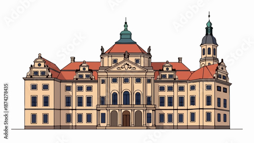Stylized illustration of a grand Baroque-style palace with a central dome and a side tower