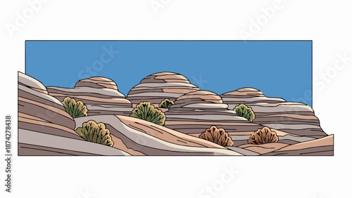 Stylized layered rock formations with sparse desert shrubs under a clear blue sky