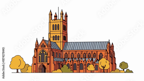 Stylized illustration of a grand gothic cathedral with tall towers and ornate arched windows