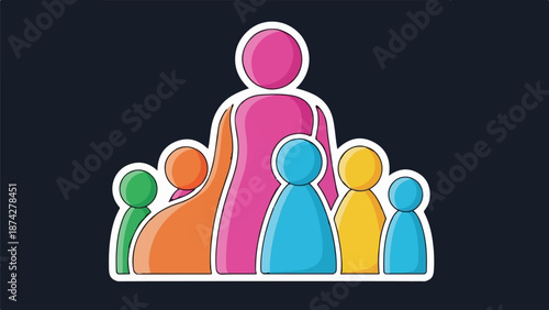 Stylized figures of a large person with five smaller figures around them, on a dark background