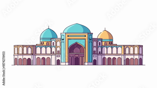 Stylized illustration of a grand building with multiple domes and arched walkways