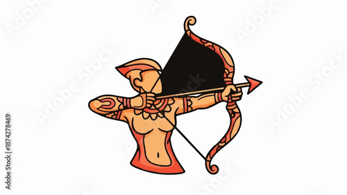 Stylized figure of a woman aiming a bow and arrow with decorative patterns