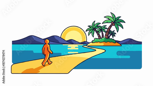 Stylized figure walks on sand path towards tropical island at sunrise