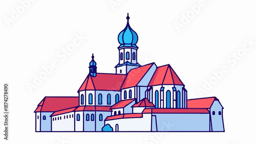 Stylized illustration of a historic building with red roofs and blue domes
