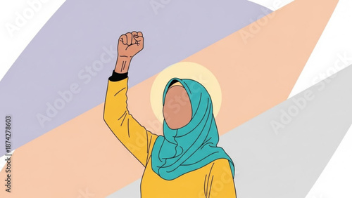 Woman in hijab raising fist in protest symbol of empowerment and solidarity flat illustration for social justice and activism themes