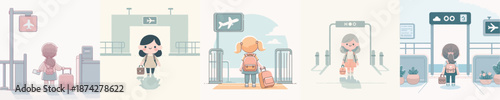 A Cute Girl Boarding a Plane at Airport Gate Vector Illustration