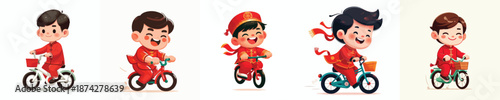 Vector of a boy riding a bicycle. Chinese New Year. Vector, minimalist, illustration, icon set.