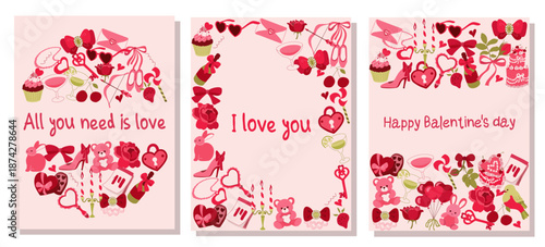 A set of three large format Valentine poster cards with romantic texts. Features different flat design layouts full frame, central circle, and top, bottom borders. Ready for print and decor.