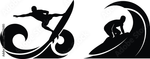 Surfing silhouettes set, extreme sport wave rider action poses, surfer on ocean waves, black isolated illustration
