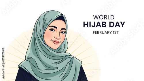 Portrait of a young Muslim woman wearing a hijab celebrating World Hijab Day on February 1st illustration for social media and awareness campaigns