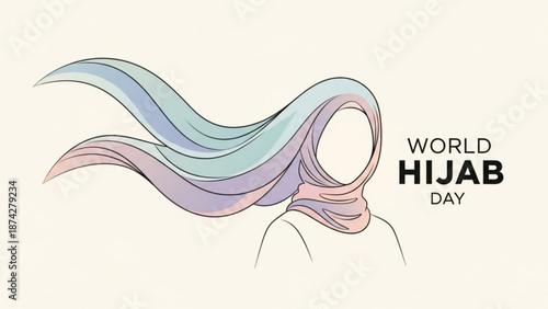 Illustration of a woman wearing a hijab with flowing fabric representing World Hijab Day suitable for cultural awareness and diversity campaigns