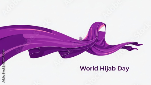 Woman wearing a purple hijab and niqab flowing fabric illustration for World Hijab Day representing modesty and Islamic culture isolated on white background