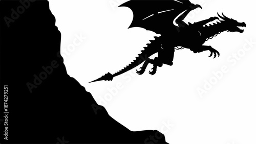 Majestic dragon silhouette soars from a rocky cliff edge into the sky