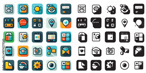 vector flat UI icons and silhouettes - app pack with white background