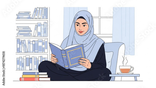 Young Muslim woman in hijab reading a book in a cozy room with bookshelves and a cup of tea representing education and leisure