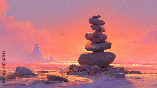 Stacked Stones At Pink Sunset Beach Scene