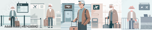 Elderly Man Boarding a Plane at Airport Gate Vector Illustration