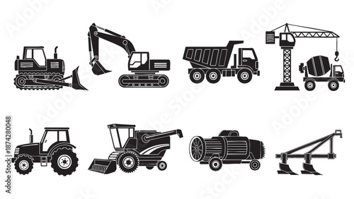Collection of heavy machinery vehicles and construction equipment illustrated