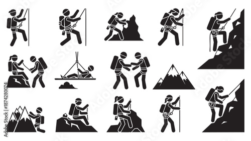 Collection of hiking and mountain climbing activity icons isolated on transparent background