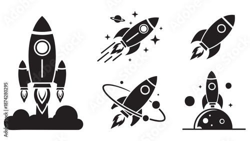 Collection of various rocket and spaceship illustrations in flight and launch
