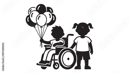 Family with child assisting parent in wheelchair holding balloons together