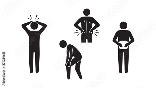 Four stages of man experiencing different types of physical discomfort