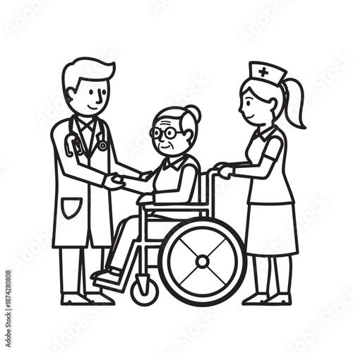 Medical team assisting elderly patient in wheelchair during consultation