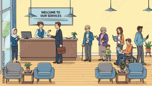 Diverse group of people waiting in a modern reception area.